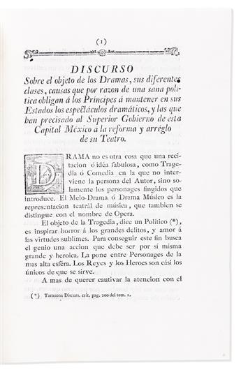 (MEXICAN IMPRINT--1786.) [Silvestre Diaz de la Vega.] Discurso sobre los dramas.